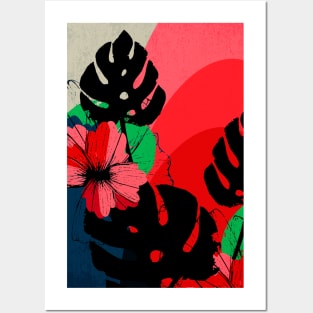 Flowers and Monstera Leaves – Floral illustration in red, green and dark colors Posters and Art